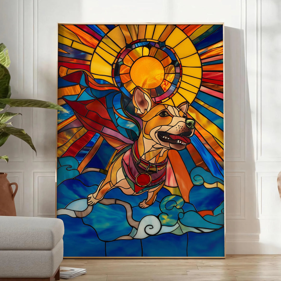 A playful dog surrounded by green and orange abstract shapes - in a bright minimalist room with a plant and an armchair