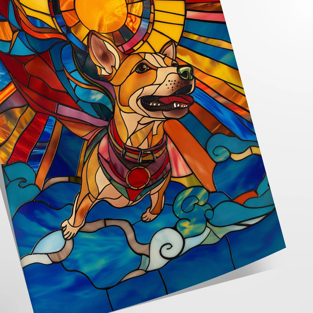 A playful dog surrounded by green and orange abstract shapes