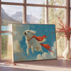 A playful dog silhouette against a green and blue abstract background - beside a round wooden side table with books