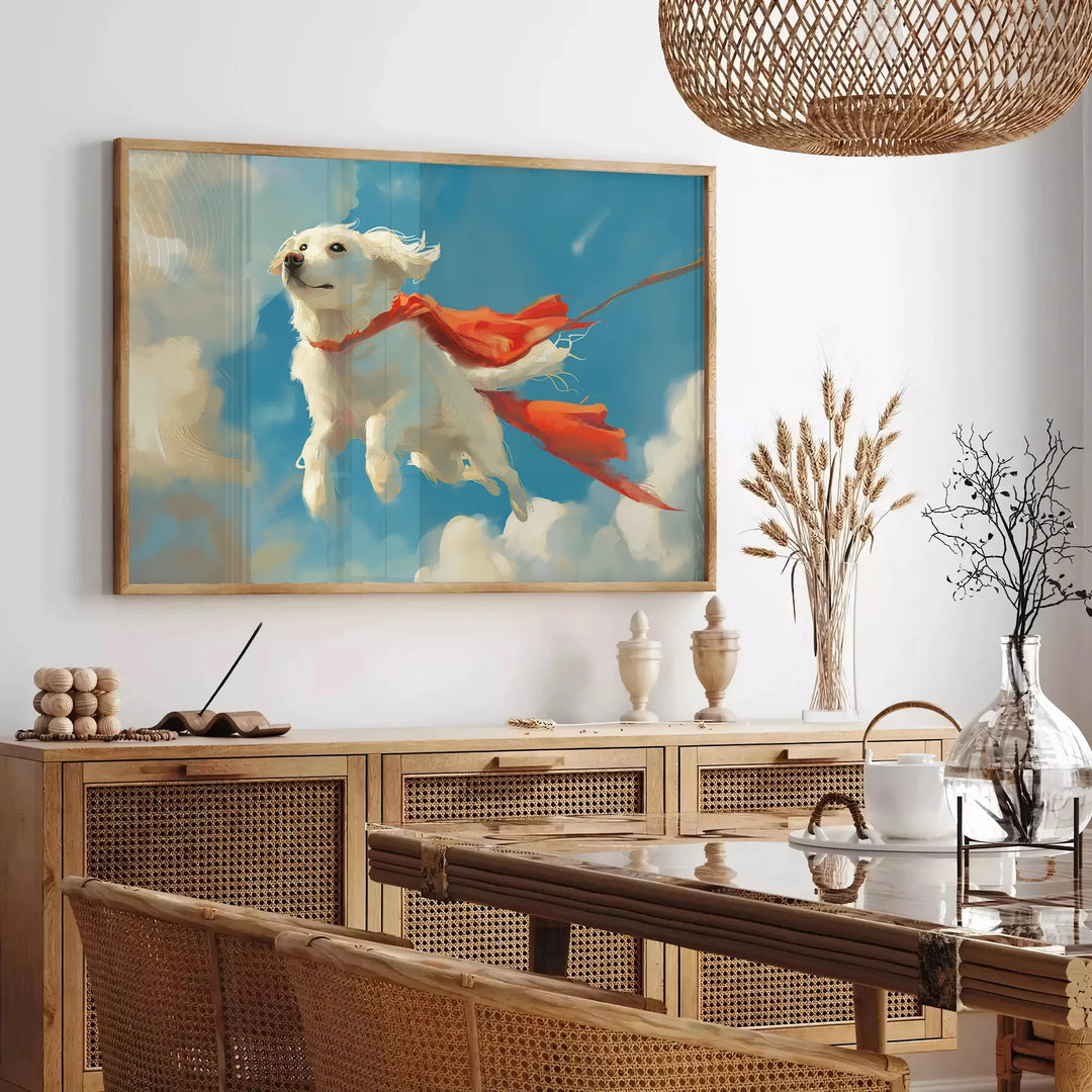 A playful dog silhouette against a green and blue abstract background - in a Parisian living room with a sofa and a fig plant