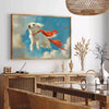 A playful dog silhouette against a green and blue abstract background - in a Parisian living room with a sofa and a fig plant