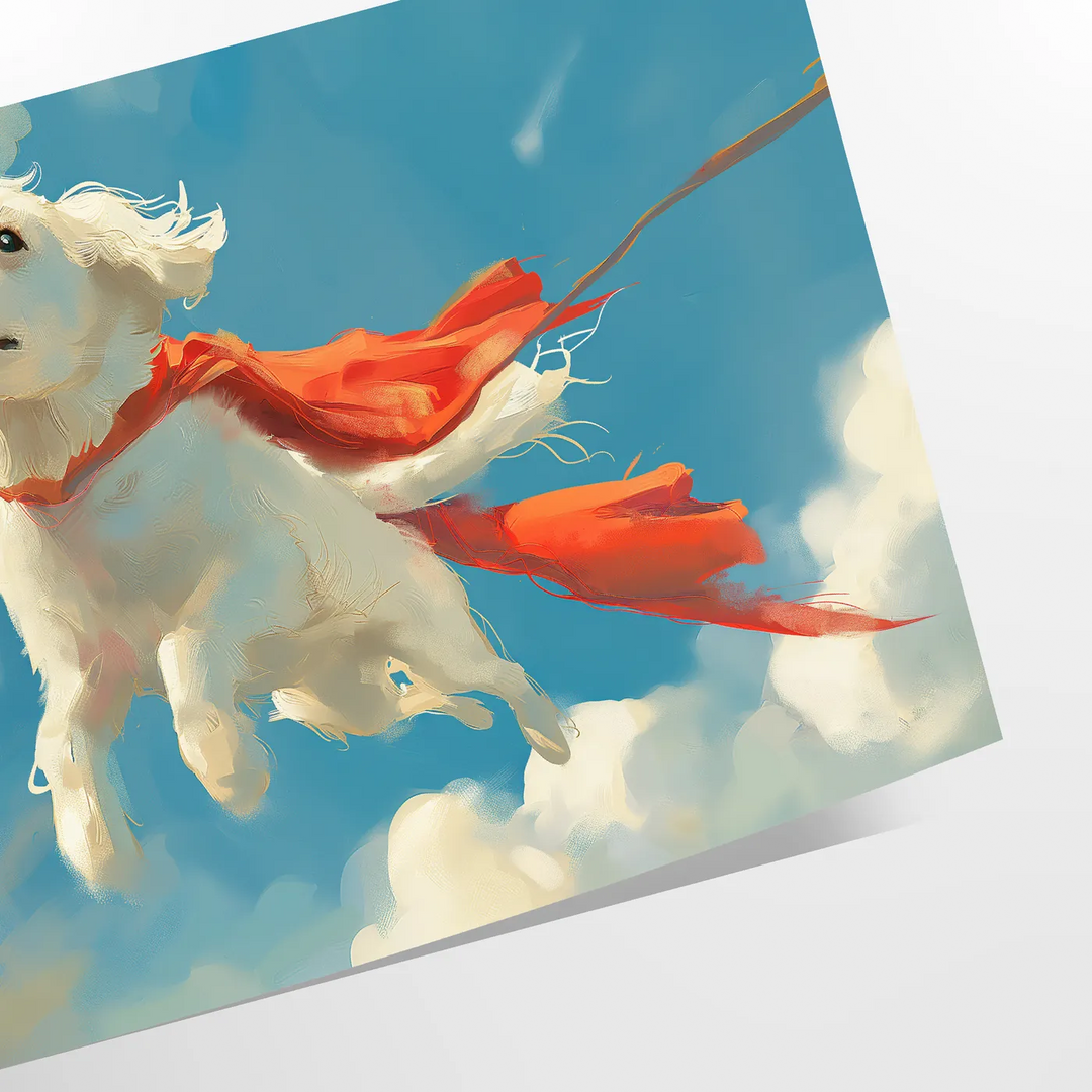 A playful dog silhouette against a green and blue abstract background - as a rolled, unframed print