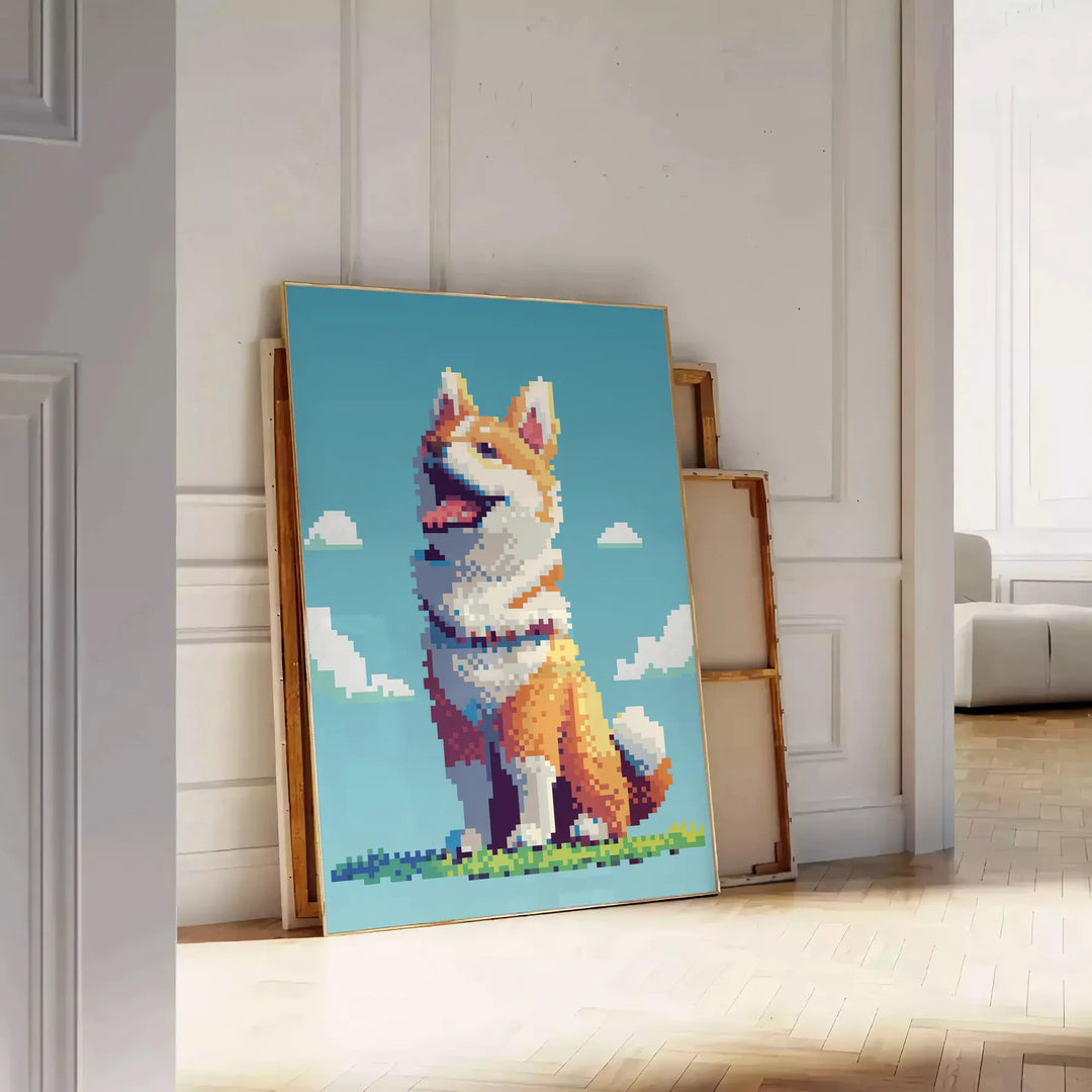 A colorful illustration of a dog with green and orange accents - leaning on a herringbone floor against a white panelled wall