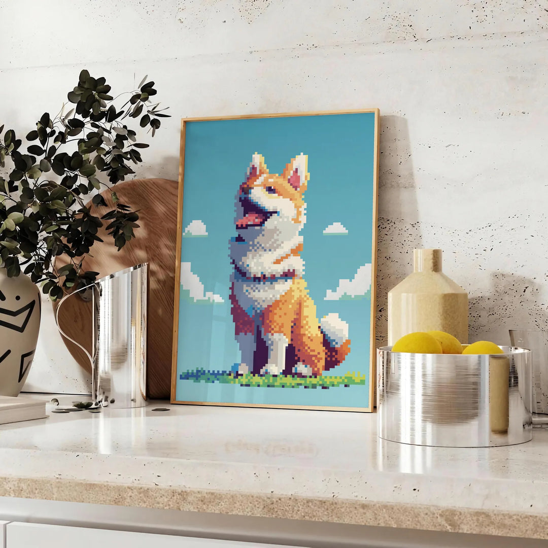 A colorful illustration of a dog with green and orange accents - styled on a counter with eucalyptus and a bowl of lemons