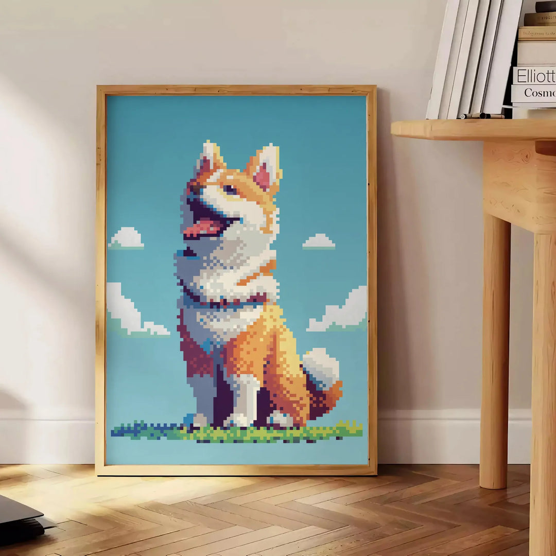 A colorful illustration of a dog with green and orange accents - beside a round wooden side table with books
