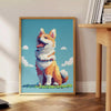 A colorful illustration of a dog with green and orange accents - beside a round wooden side table with books