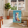 A colorful illustration of a dog with green and orange accents - in a Parisian living room with a sofa and a fig plant