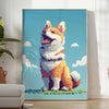 A colorful illustration of a dog with green and orange accents - in a bright minimalist room with a plant and an armchair