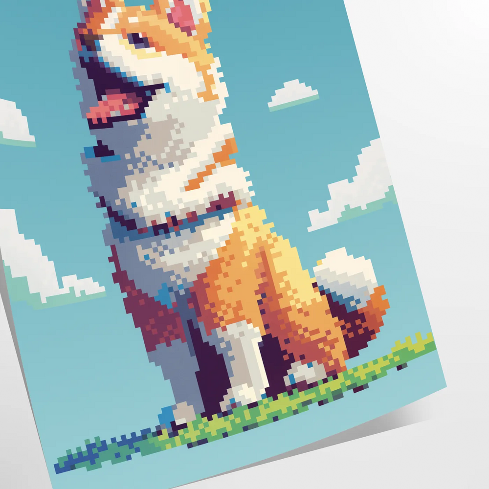 A colorful illustration of a dog with green and orange accents