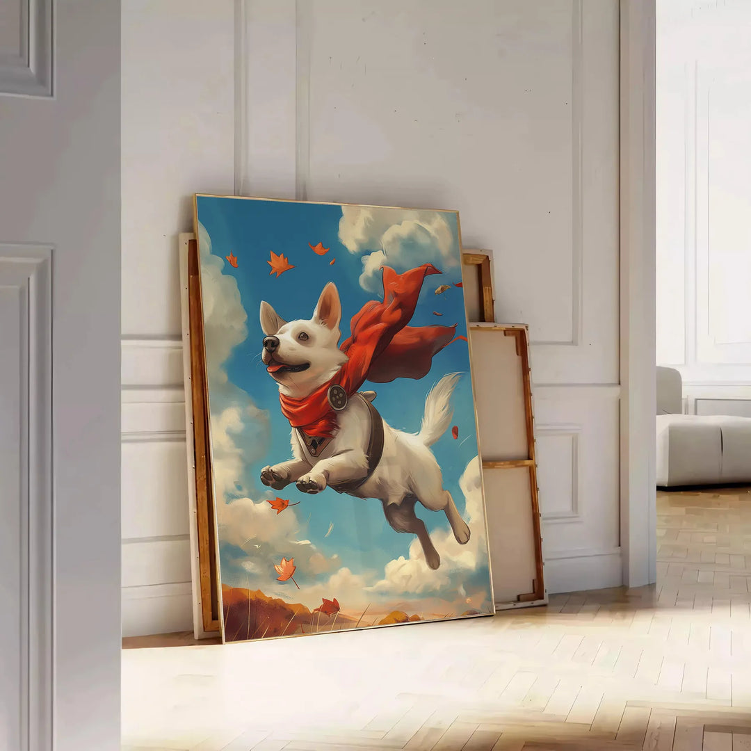 Ein verspielter Hund in einem bunten abstrakten Stil mit grünen und blauen Tönen - an eine weiße Paneelwand gelehnt auf Fischgrätparkett