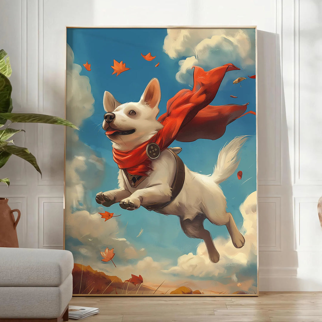 Ein verspielter Hund in einem bunten abstrakten Stil mit grünen und blauen Tönen - in einem hellen minimalistischen Raum mit Pflanze und Sessel
