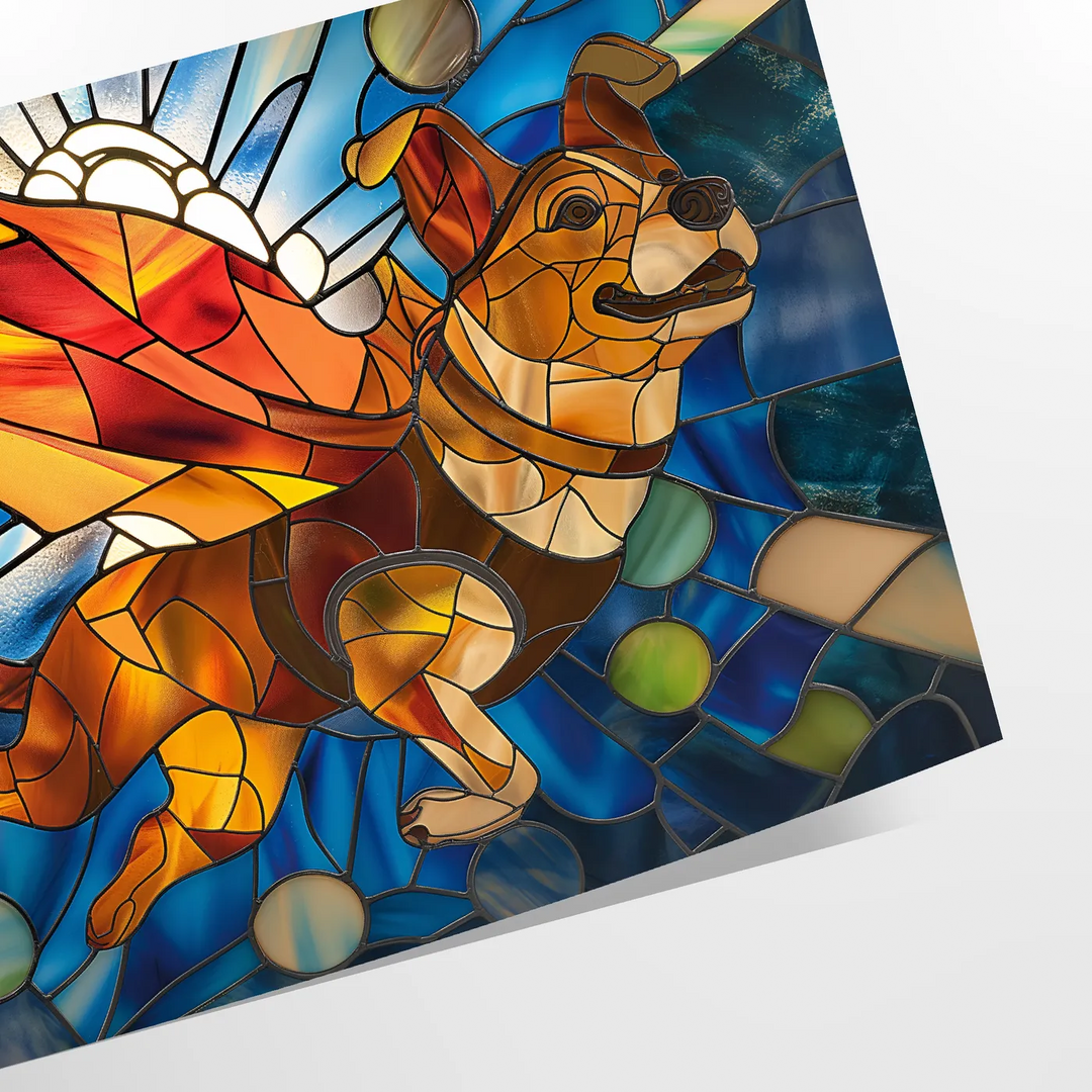Eine verspielte Hundillustration in Grün- und Blautönen - als gerollter Druck, ohne Rahmen