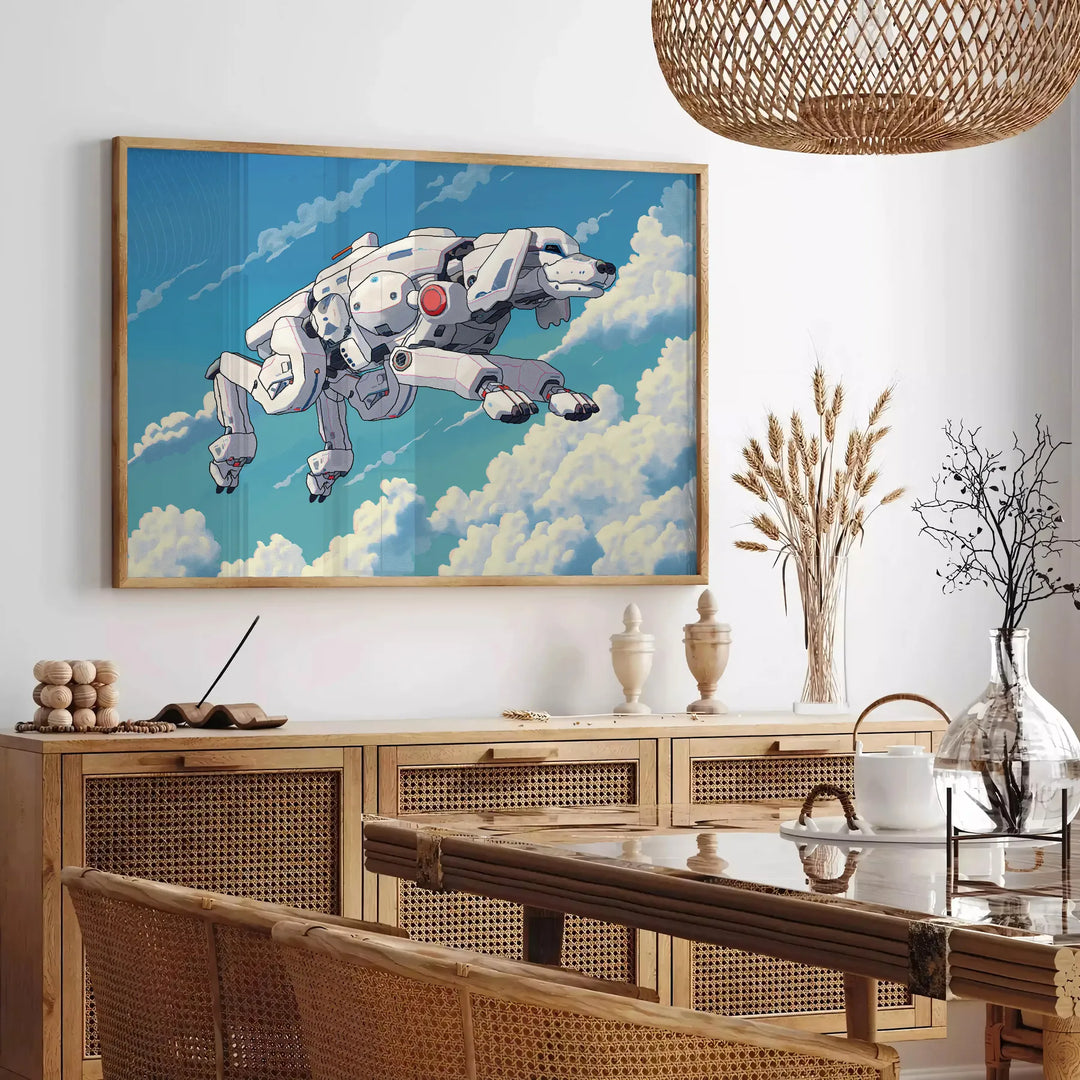 A dog in a cosmic landscape featuring black and green hues - in a Parisian living room with a sofa and a fig plant