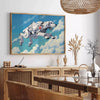 A dog in a cosmic landscape featuring black and green hues - in a Parisian living room with a sofa and a fig plant