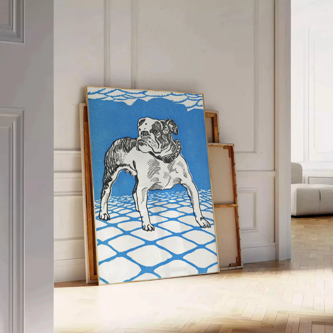 A dog floating in space with a starry background in blue and gray tones - leaning on a herringbone floor against a white panelled wall