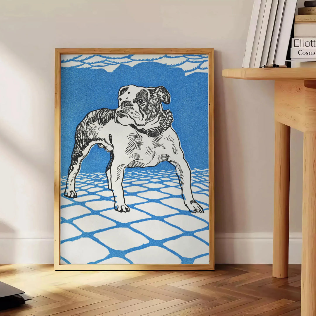 A dog floating in space with a starry background in blue and gray tones - beside a round wooden side table with books
