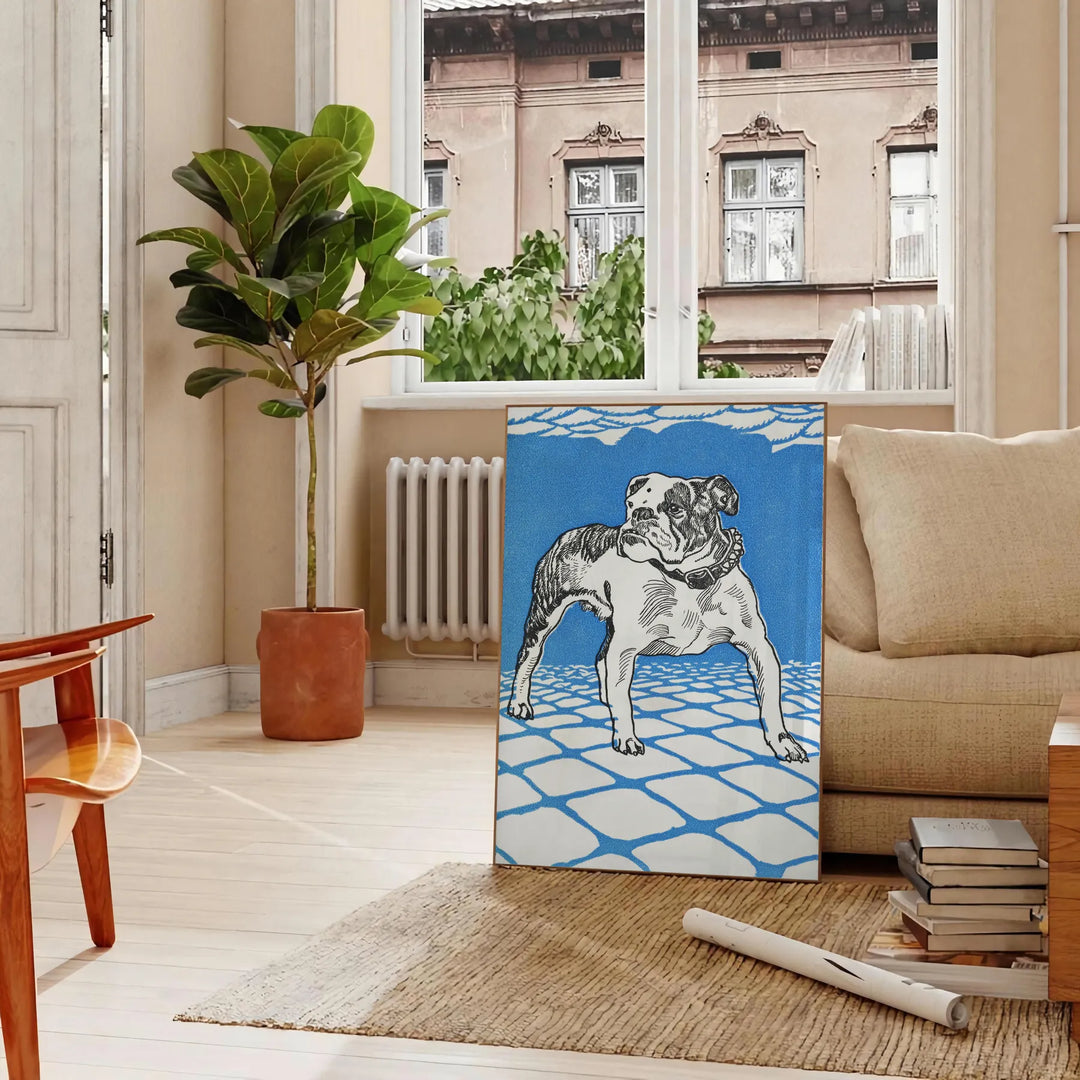 A dog floating in space with a starry background in blue and gray tones - in a Parisian living room with a sofa and a fig plant
