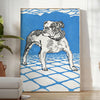 A dog floating in space with a starry background in blue and gray tones - in a bright minimalist room with a plant and an armchair