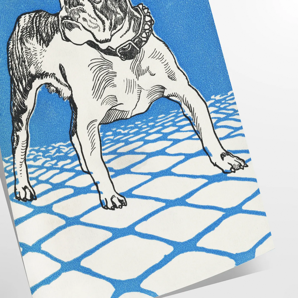 A dog floating in space with a starry background in blue and gray tones