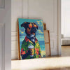 A playful illustration of a dog enjoying a cocktail, with green and blue tones. - leaning on a herringbone floor against a white panelled wall