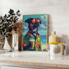 A playful illustration of a dog enjoying a cocktail, with green and blue tones. - styled on a counter with eucalyptus and a bowl of lemons