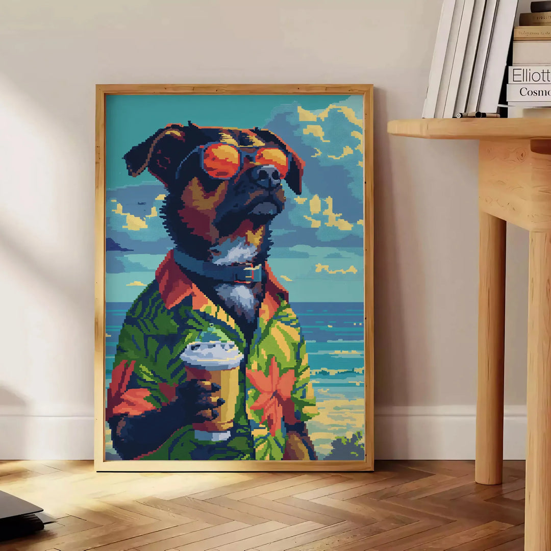 A playful illustration of a dog enjoying a cocktail, with green and blue tones. - beside a round wooden side table with books