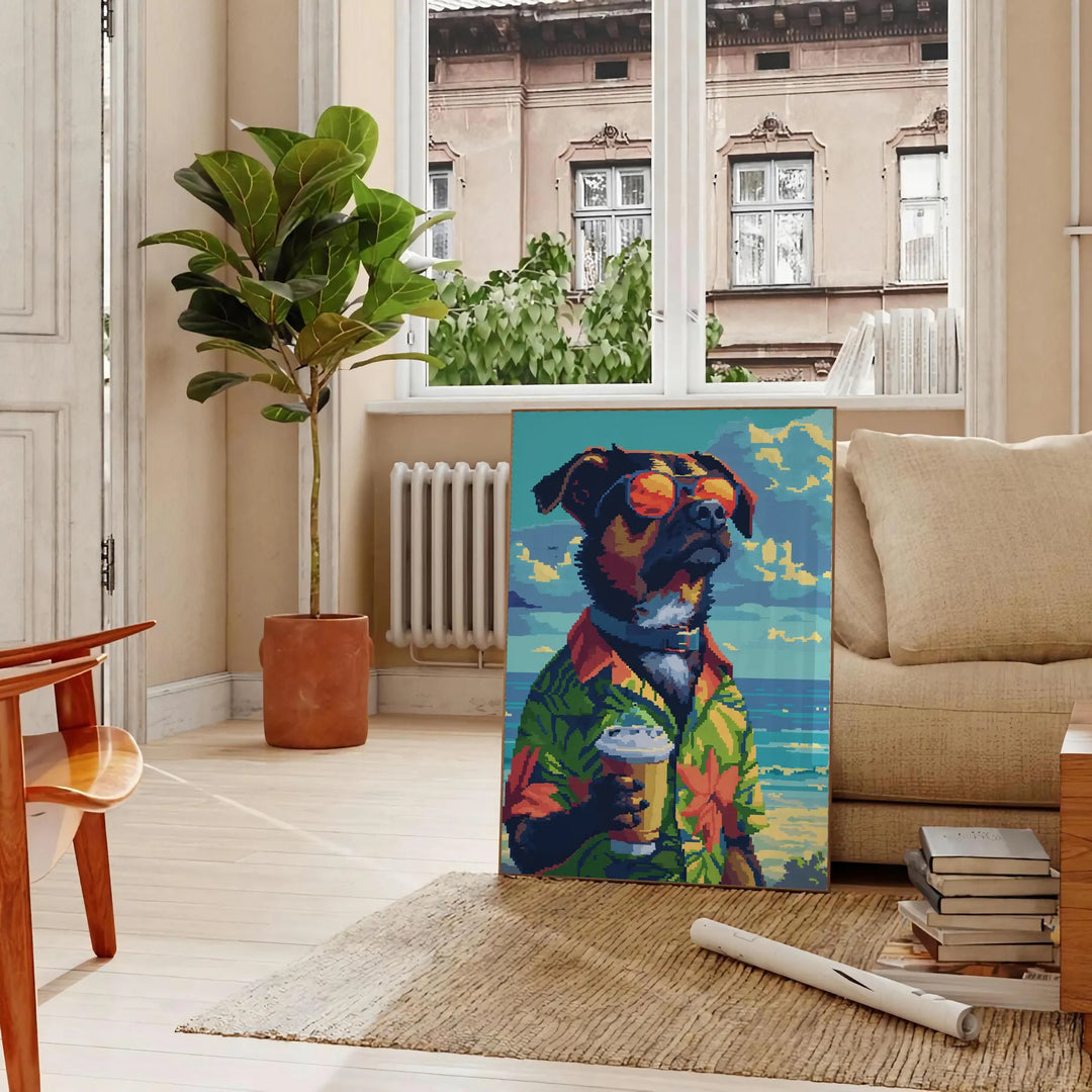 A playful illustration of a dog enjoying a cocktail, with green and blue tones. - in a Parisian living room with a sofa and a fig plant