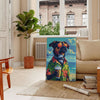 A playful illustration of a dog enjoying a cocktail, with green and blue tones. - in a Parisian living room with a sofa and a fig plant