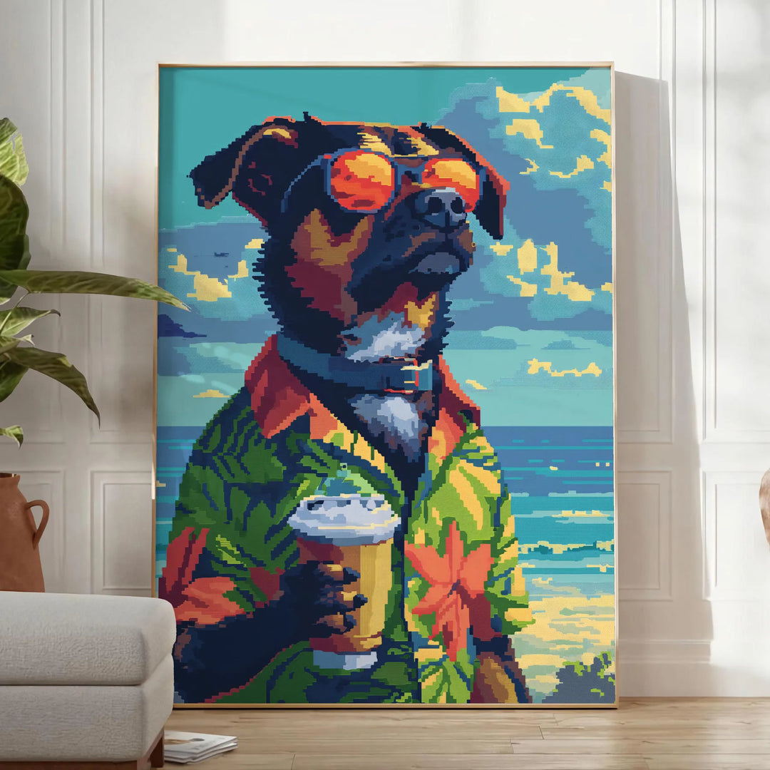 A playful illustration of a dog enjoying a cocktail, with green and blue tones. - in a bright minimalist room with a plant and an armchair