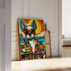 A playful dog enjoying a cocktail, with bright green and blue colors - leaning on a herringbone floor against a white panelled wall
