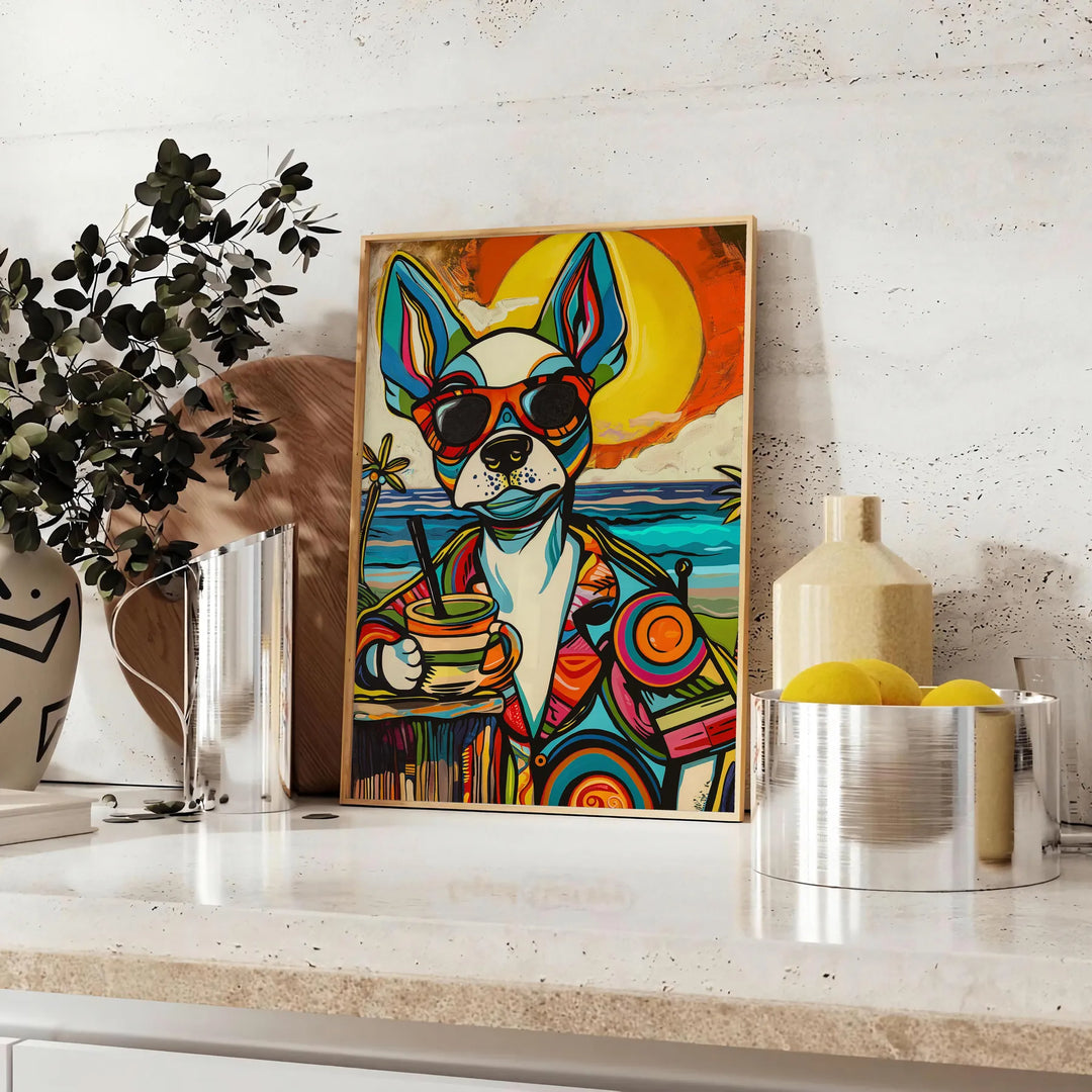 A playful dog enjoying a cocktail, with bright green and blue colors - styled on a counter with eucalyptus and a bowl of lemons