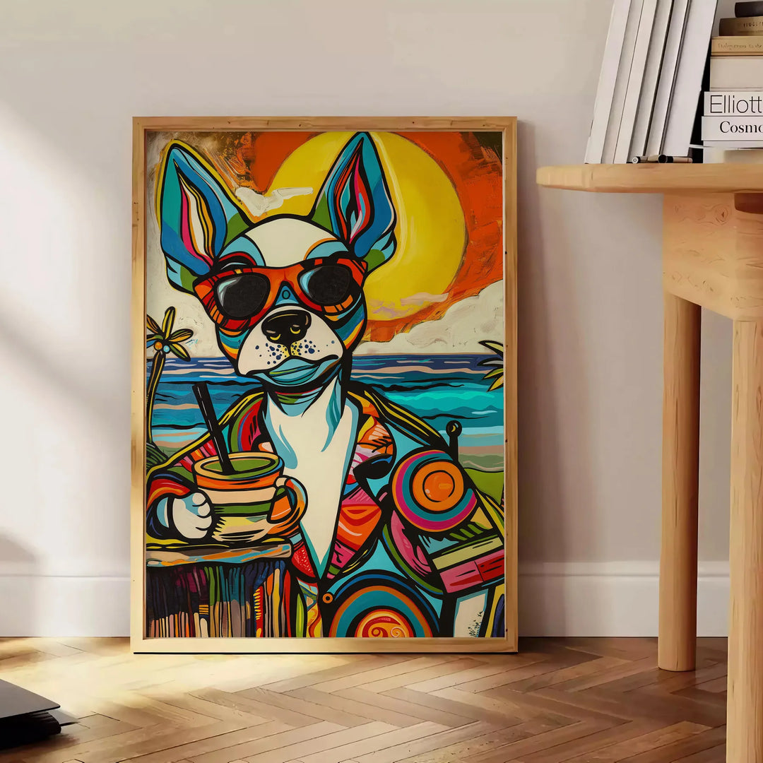 A playful dog enjoying a cocktail, with bright green and blue colors - beside a round wooden side table with books