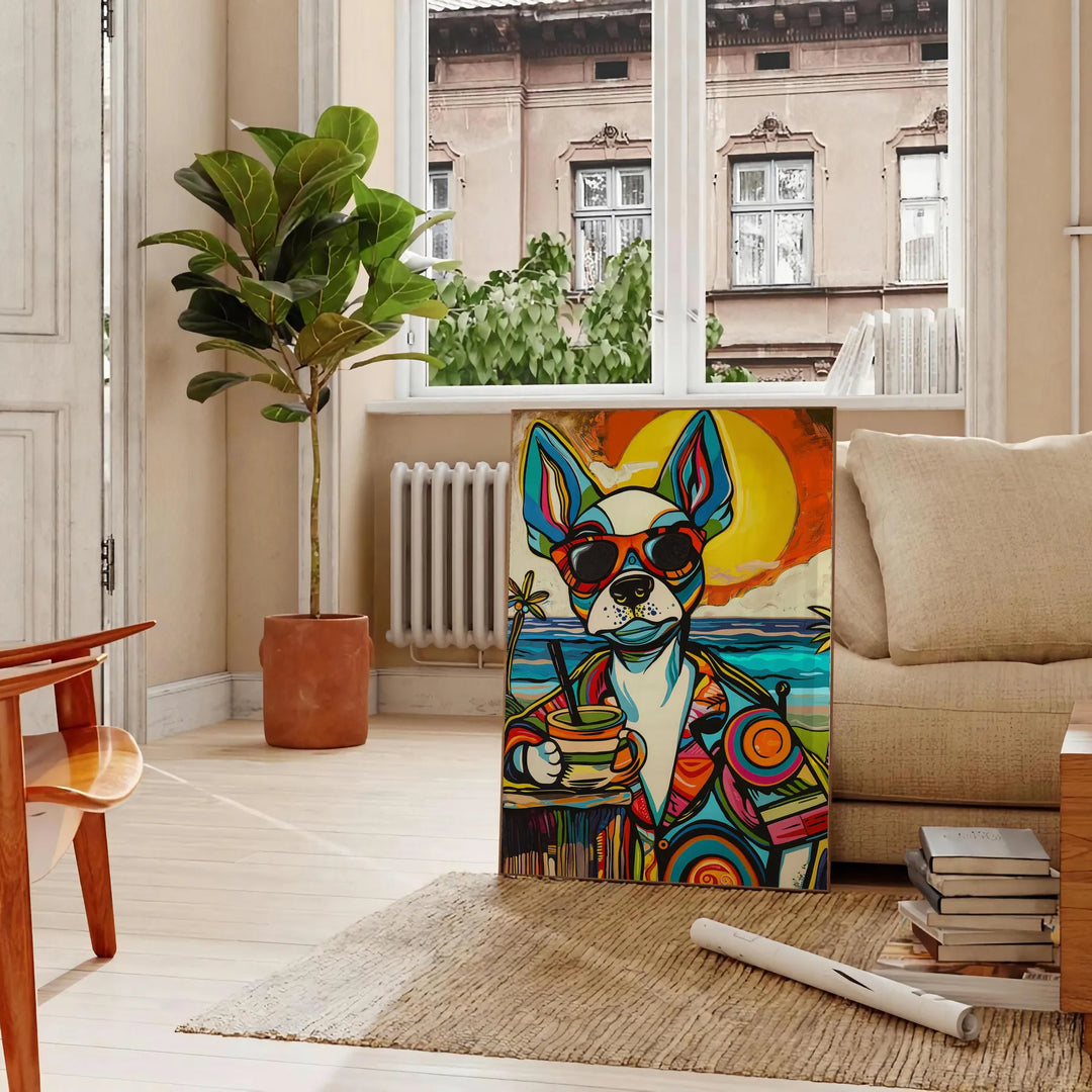 A playful dog enjoying a cocktail, with bright green and blue colors - in a Parisian living room with a sofa and a fig plant