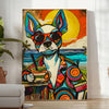 A playful dog enjoying a cocktail, with bright green and blue colors - in a bright minimalist room with a plant and an armchair