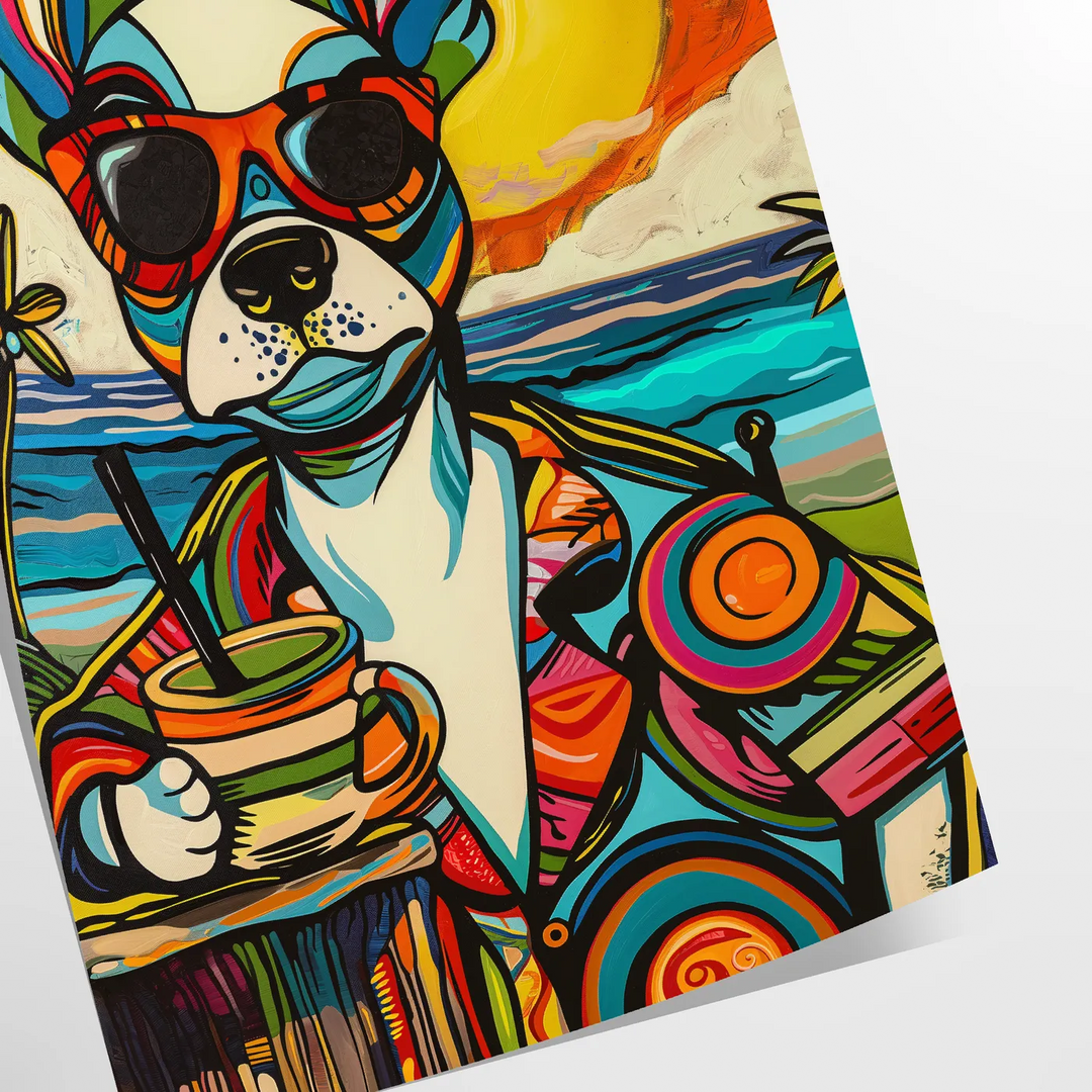 A playful dog enjoying a cocktail, with bright green and blue colors - as a rolled, unframed print