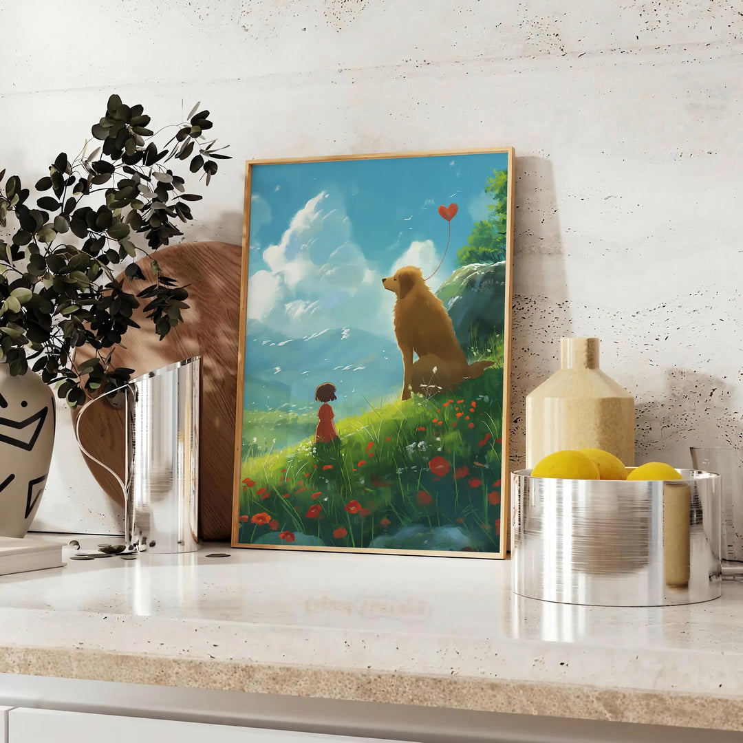 A playful dog surrounded by green and gray tones in a whimsical style - styled on a counter with eucalyptus and a bowl of lemons