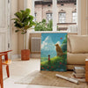 A playful dog surrounded by green and gray tones in a whimsical style - in a Parisian living room with a sofa and a fig plant