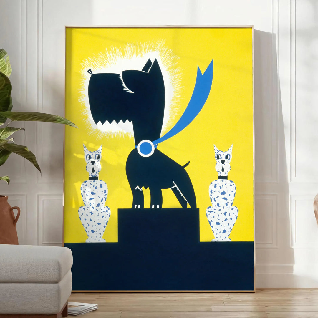Affiche captivante scène un chien héros teintes noir bleu parfait passionnés animaux art mural disponible A4 cm A0 - dans une pièce lumineuse épurée avec plante et fauteuil