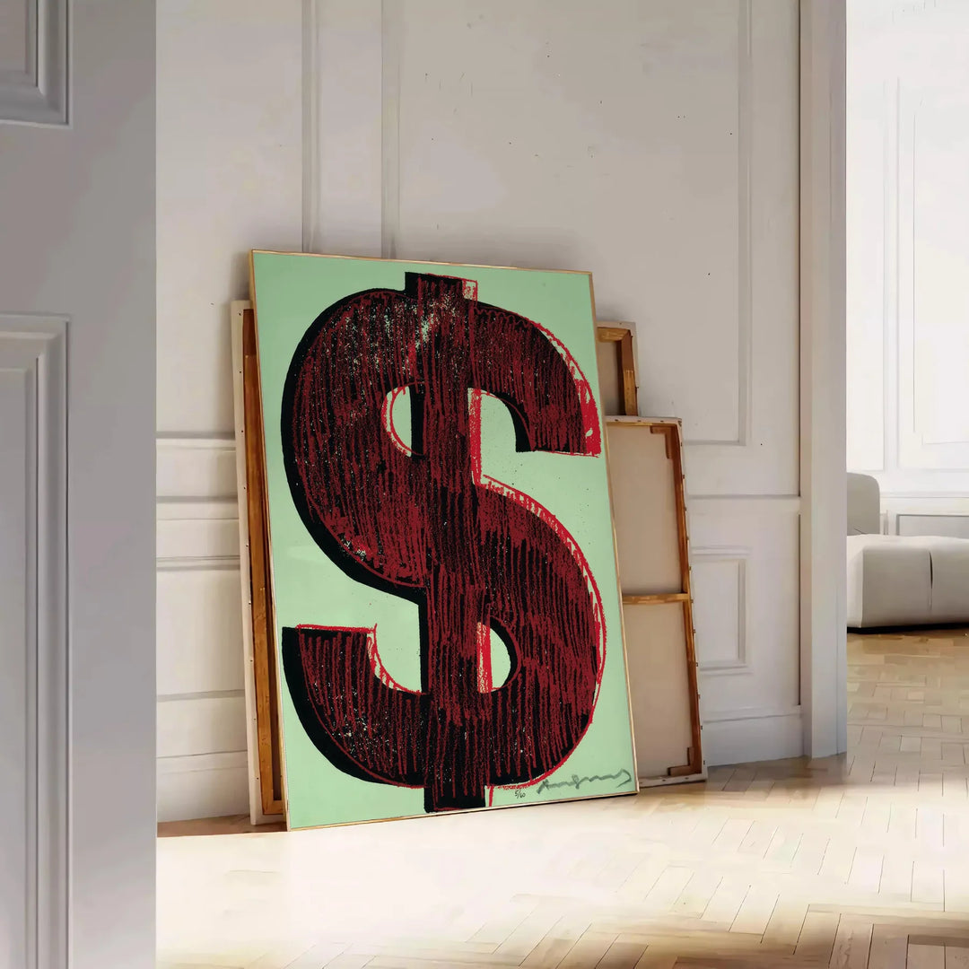 Pôster dinâmico preto e verde com sinais de dólar estilizados em um design moderno - encostado num chão de espinha contra uma parede de painéis