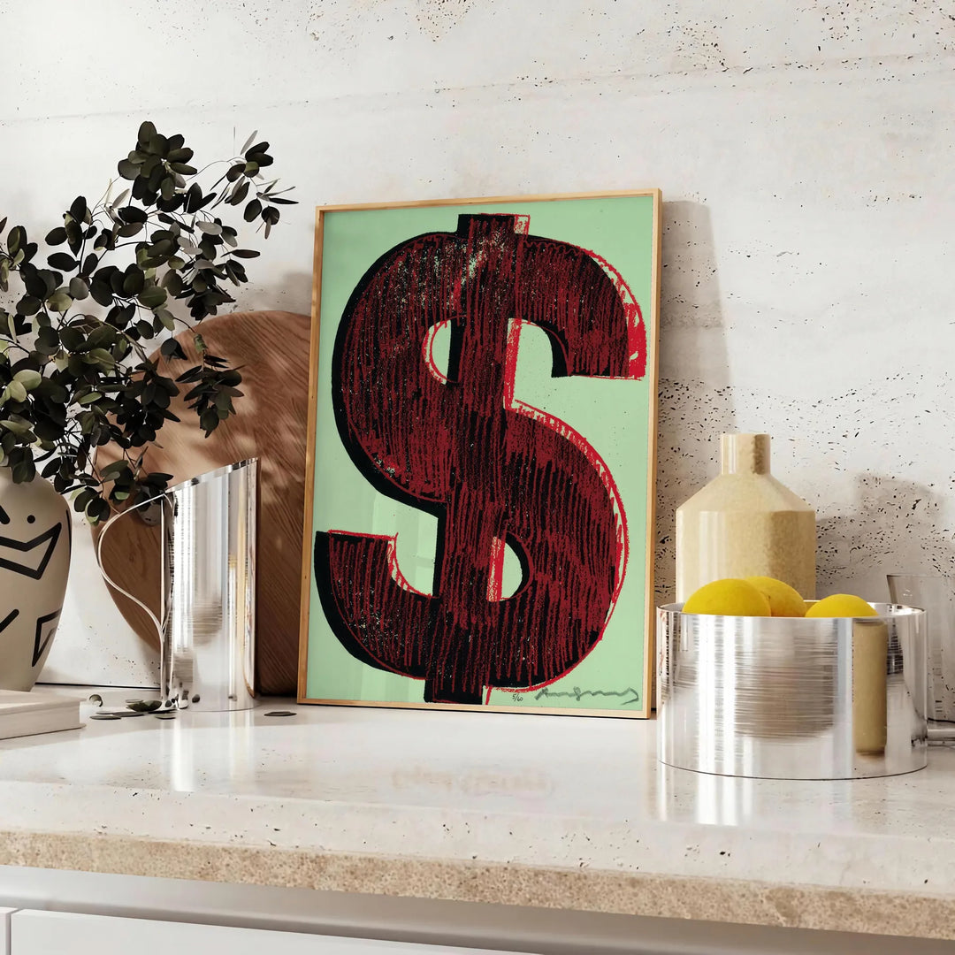 Pôster dinâmico preto e verde com sinais de dólar estilizados em um design moderno - sobre uma bancada com eucalipto e uma taça de limões
