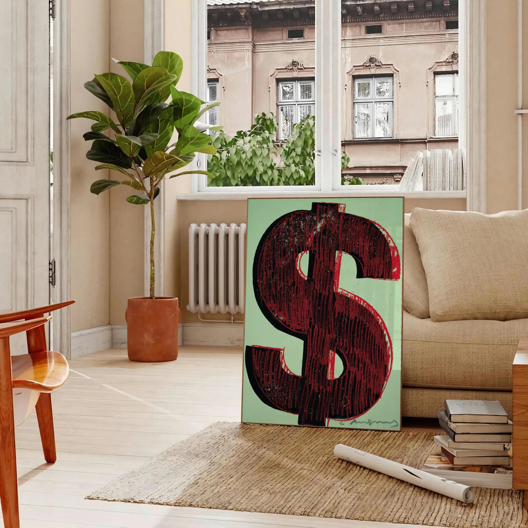 Pôster dinâmico preto e verde com sinais de dólar estilizados em um design moderno - numa sala parisiense com sofá e um ficus