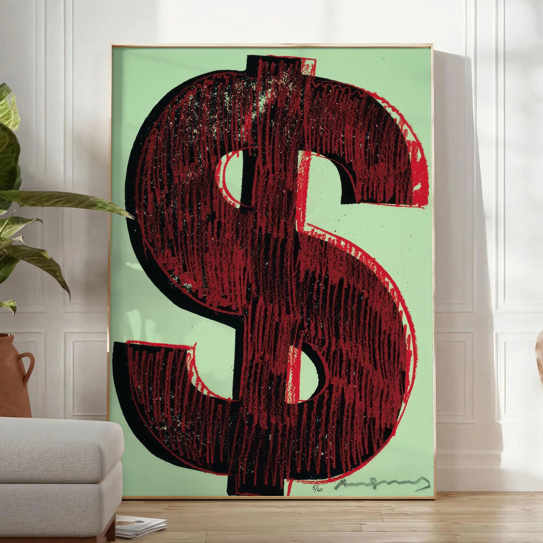 Pôster dinâmico preto e verde com sinais de dólar estilizados em um design moderno - num quarto luminoso e minimalista com planta e poltrona