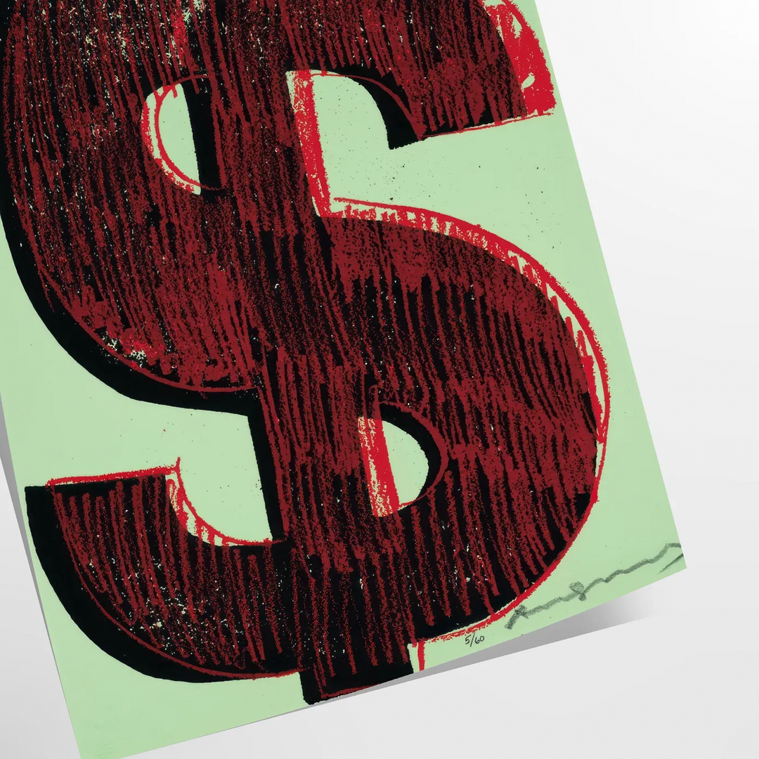 Pôster dinâmico preto e verde com sinais de dólar estilizados em um design moderno - como impressão enrolada, sem moldura