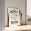 Playful donut illustration with groovy text in pastel colors - leaning on a herringbone floor against a white panelled wall