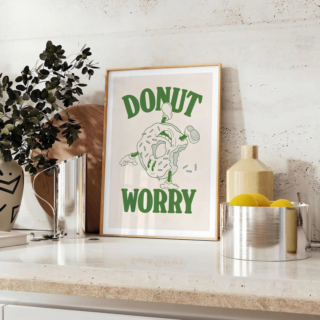 Playful donut illustration with groovy text in pastel colors - styled on a counter with eucalyptus and a bowl of lemons