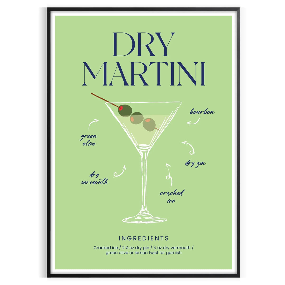 A dry martini cocktail in a glass with green and blue hues