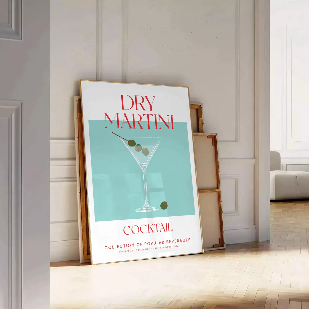 Illustration of a dry martini cocktail with green and red accents - leaning on a herringbone floor against a white panelled wall