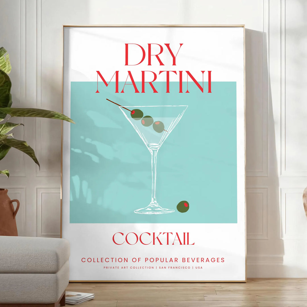 Illustration of a dry martini cocktail with green and red accents - in a bright minimalist room with a plant and an armchair