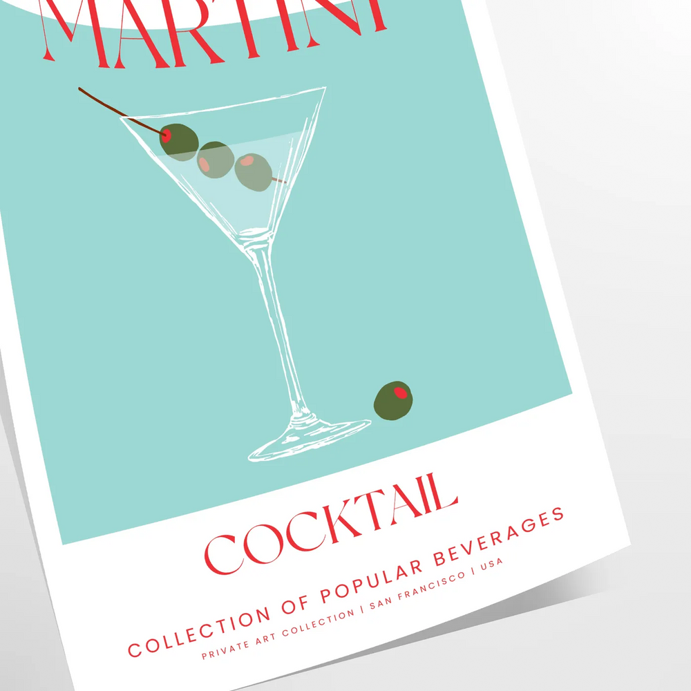Illustration of a dry martini cocktail with green and red accents