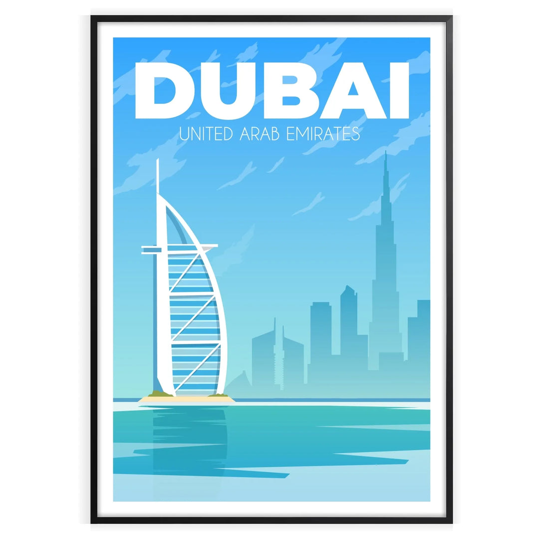 En panoramavy av Dubais skyline vid skymningen, med moderna skyskrapor och en gradient av blått och grått. - i en svart ram